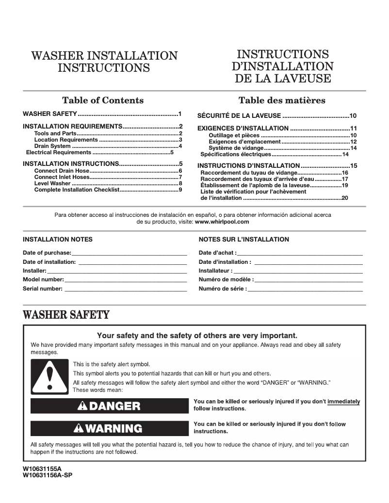 Page n°1 - Guide d'installation Maytag MHW8200FW