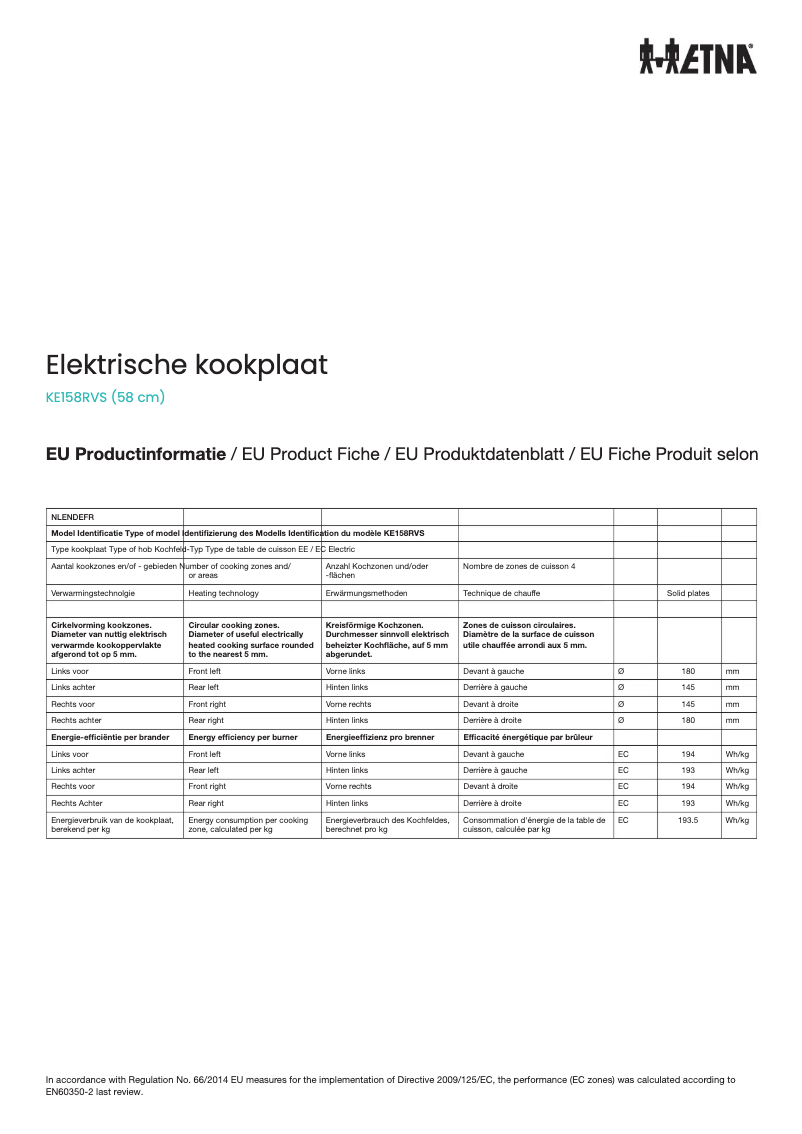 Page 1 de la notice Fiche technique Etna KE158RVS
