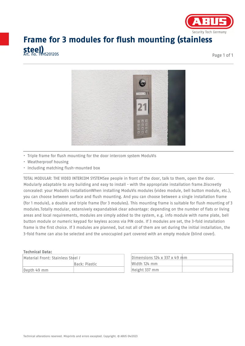 Page n°1 - Fiche technique Abus TVHS20120S