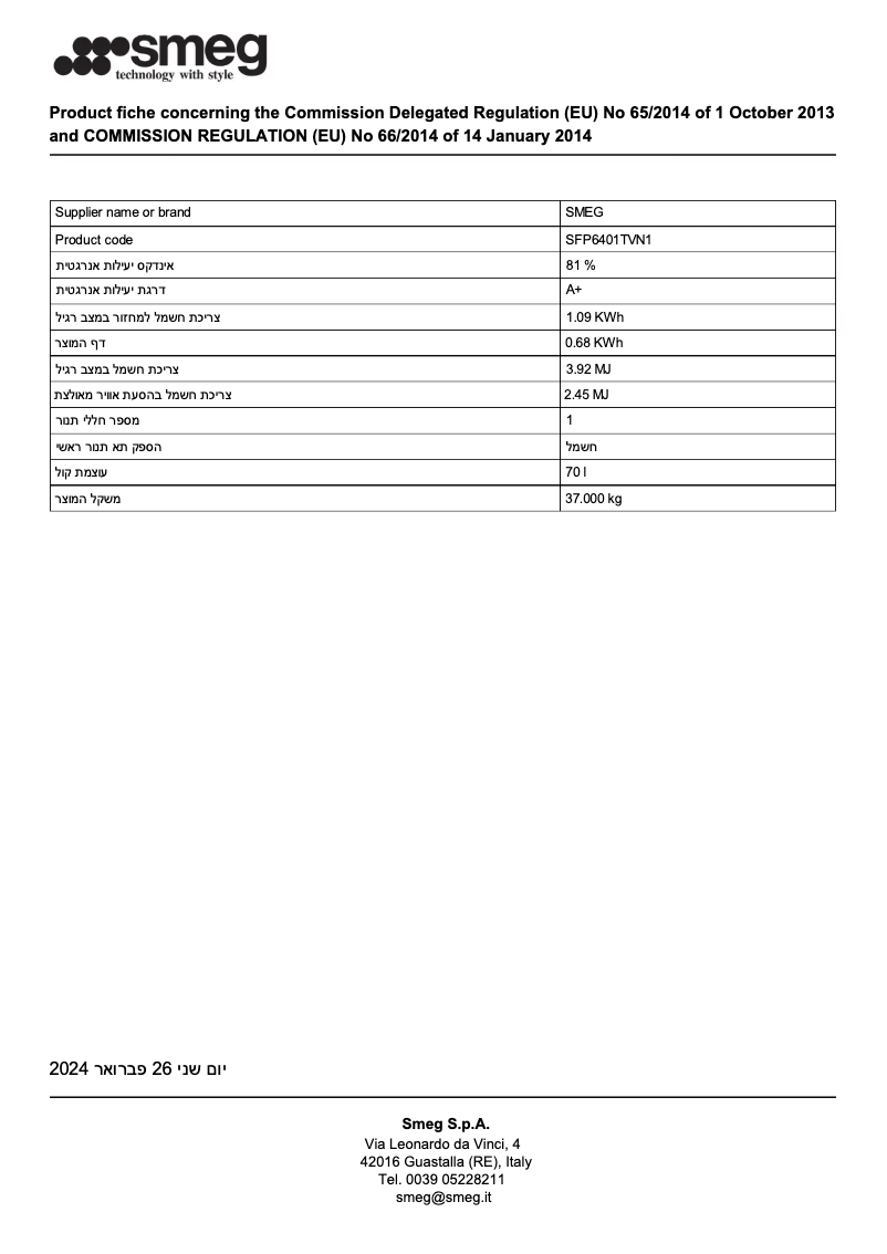Página 1 del manual Ficha técnica Smeg SFP6401TVN1