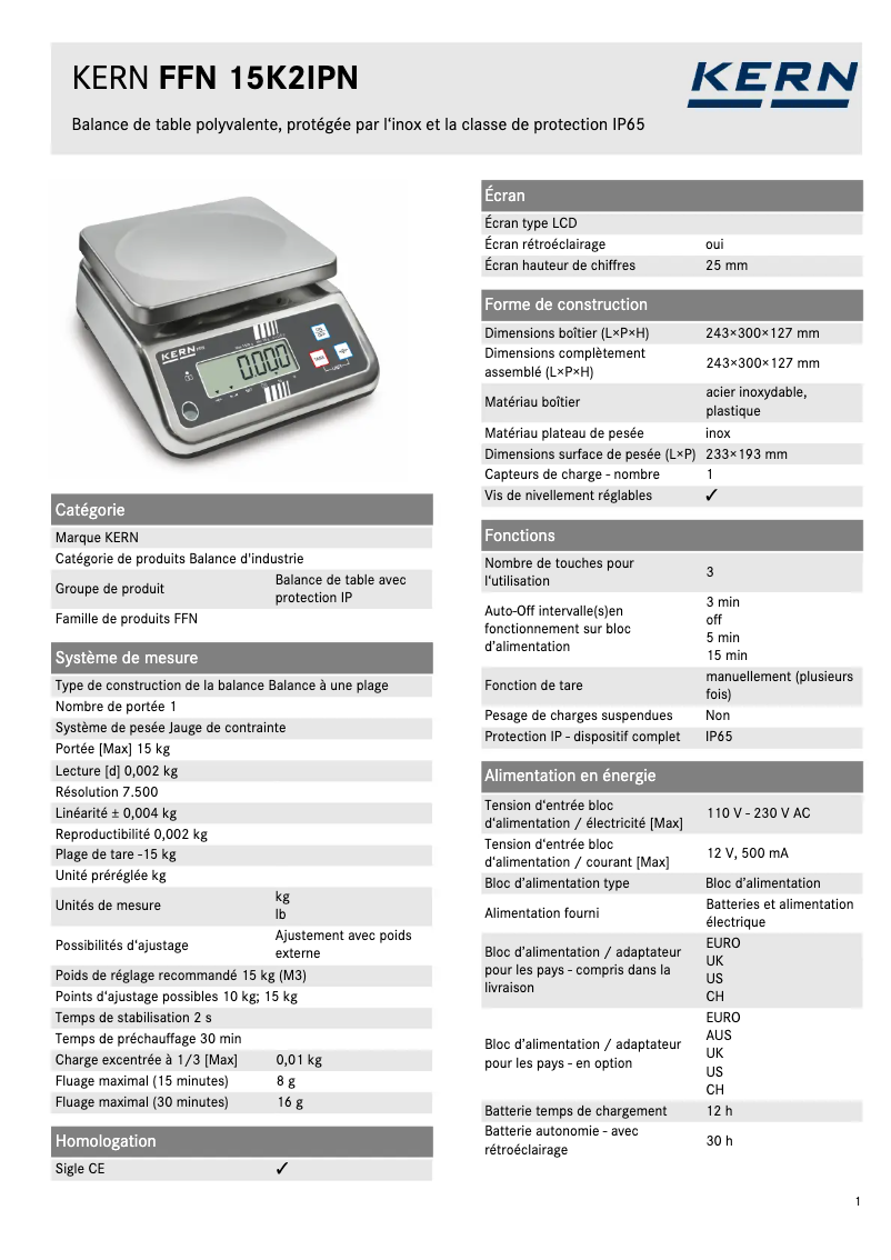 Page 1 de la notice Fiche technique Kern FFN 15K2IPN