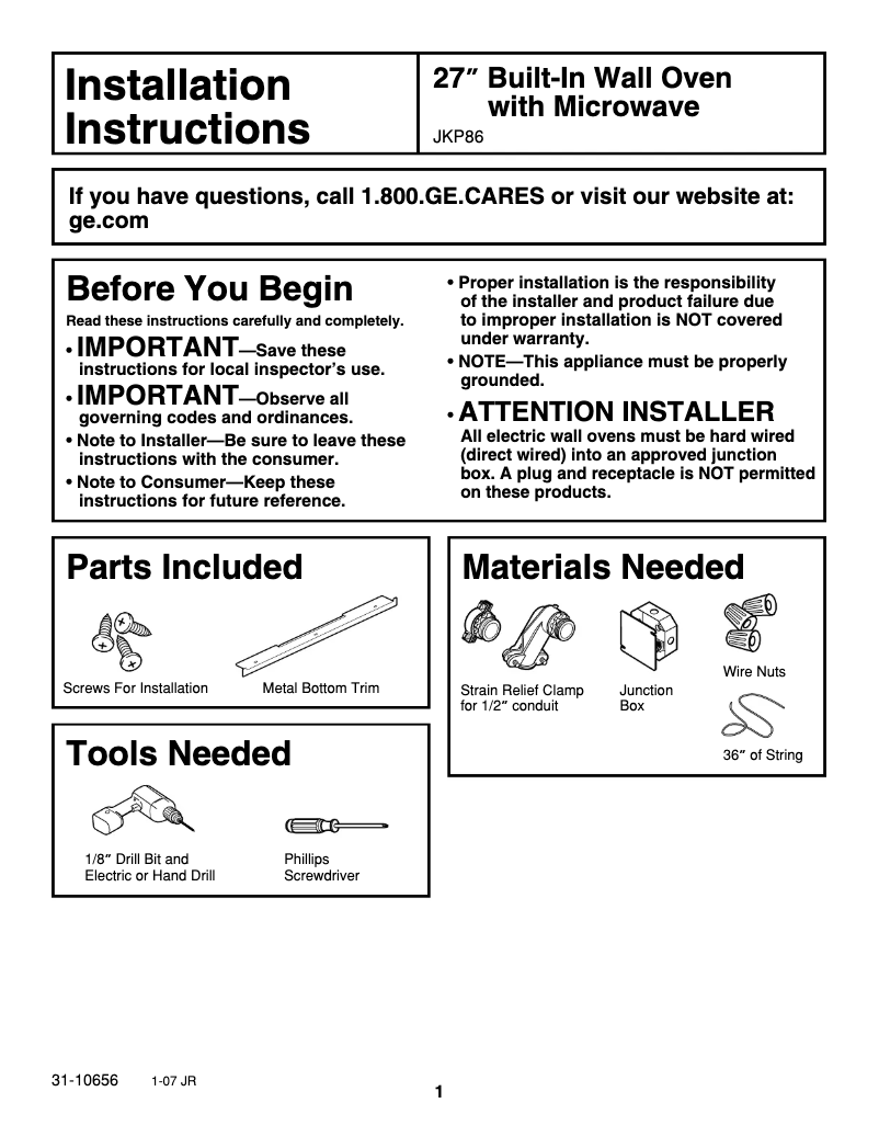 Page n°1 - Guide d'installation GE JKP86WFWW