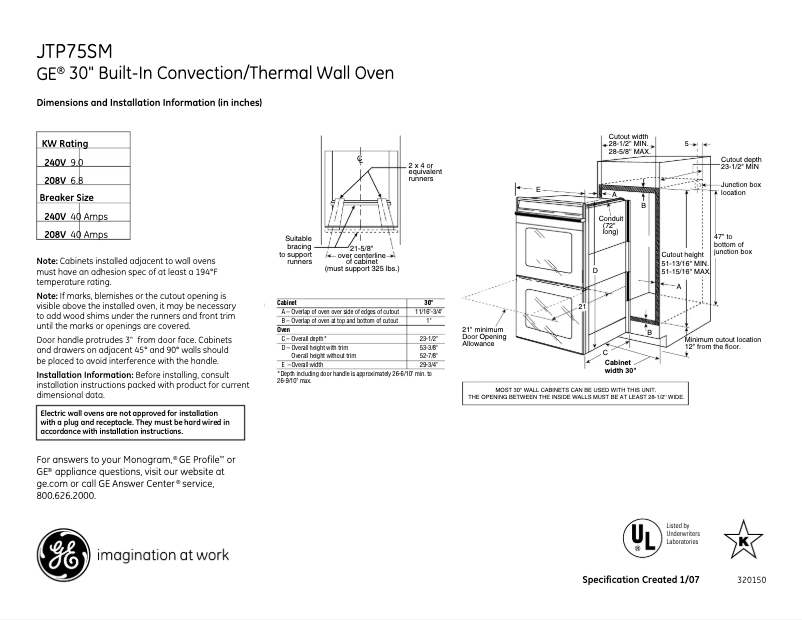 Page n°1 - Fiche technique GE JTP75SMSS