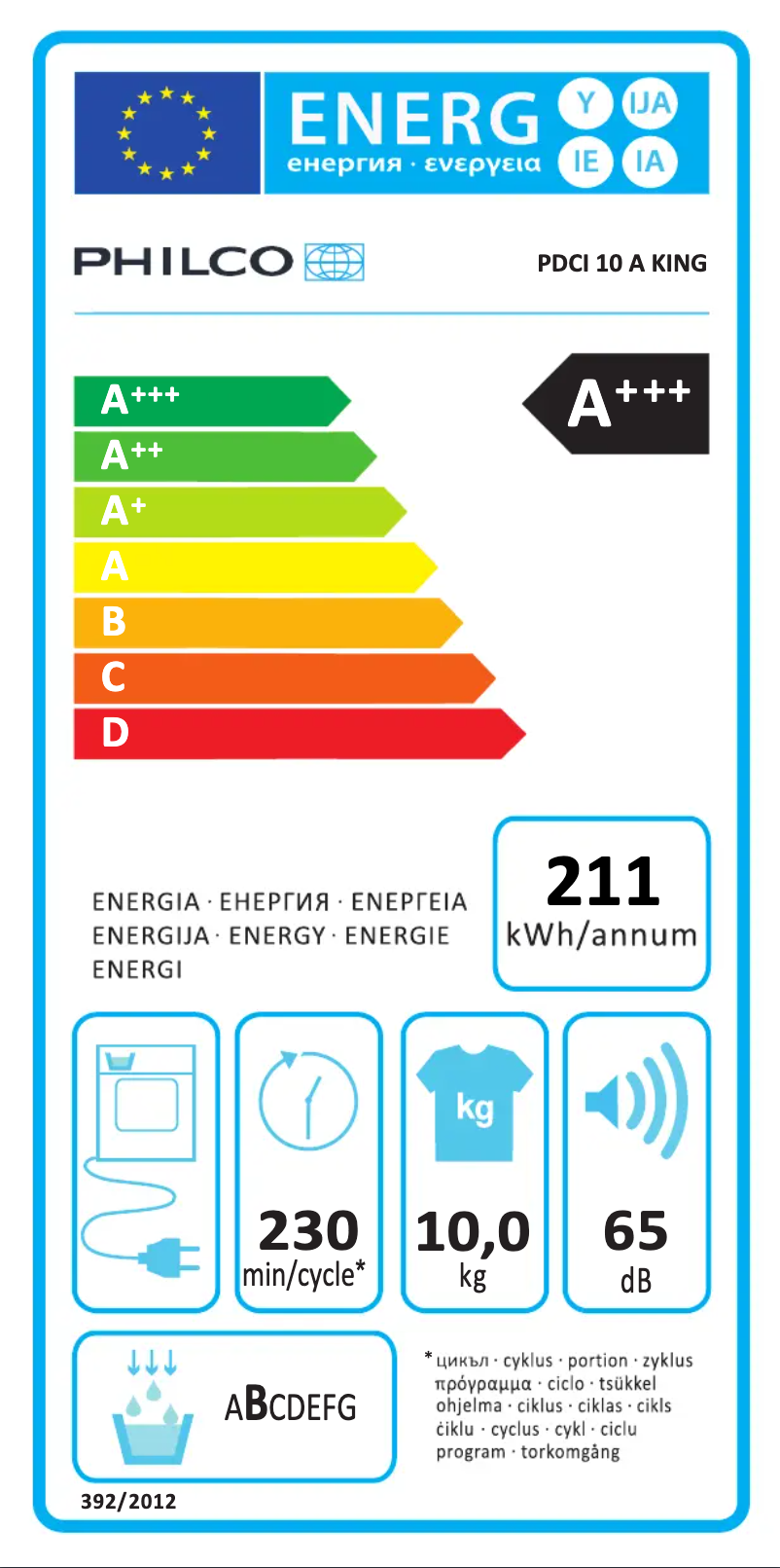 Page 1 de la notice Label énergétique Philco PDCI 10 A King