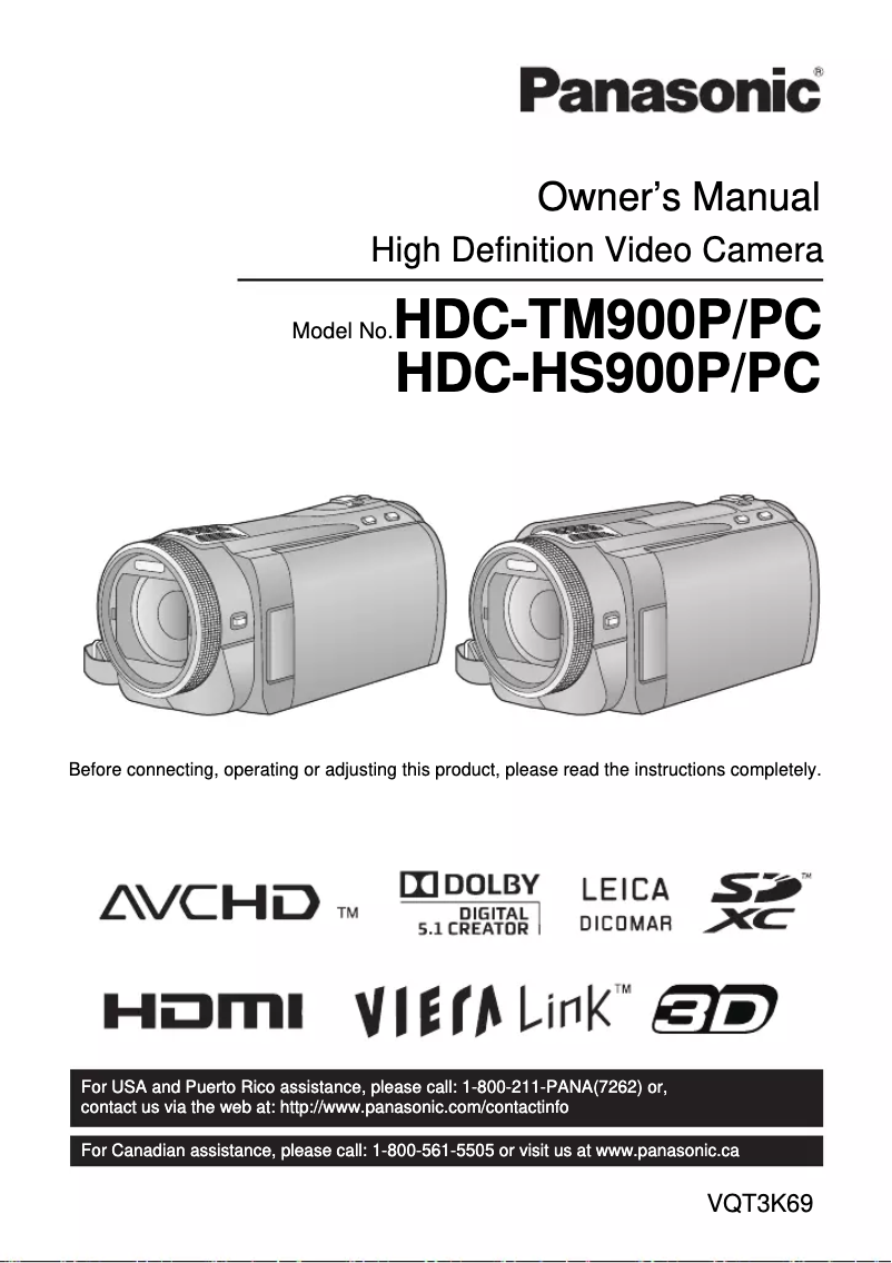 Page 1 de la notice Manuel utilisateur Panasonic HDC-HS900