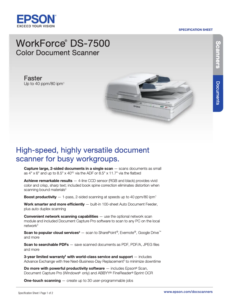 Página 1 del manual Ficha técnica Epson WorkForce DS-7500