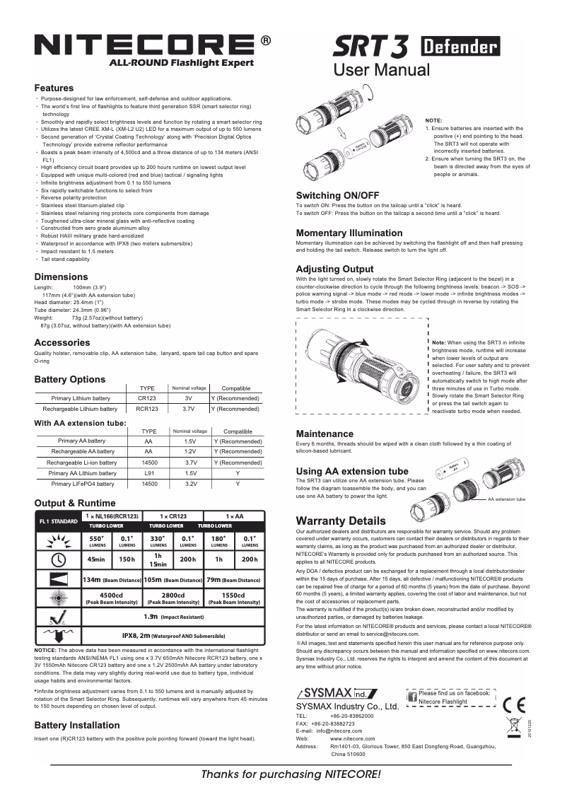 Page 1 de la notice Manuel utilisateur Nitecore SRT3 Defender