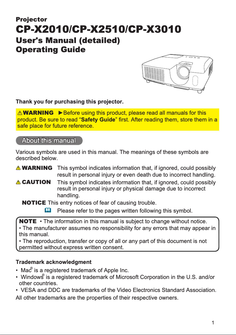 Page 1 de la notice Manuel utilisateur Hitachi CP-X2510EF