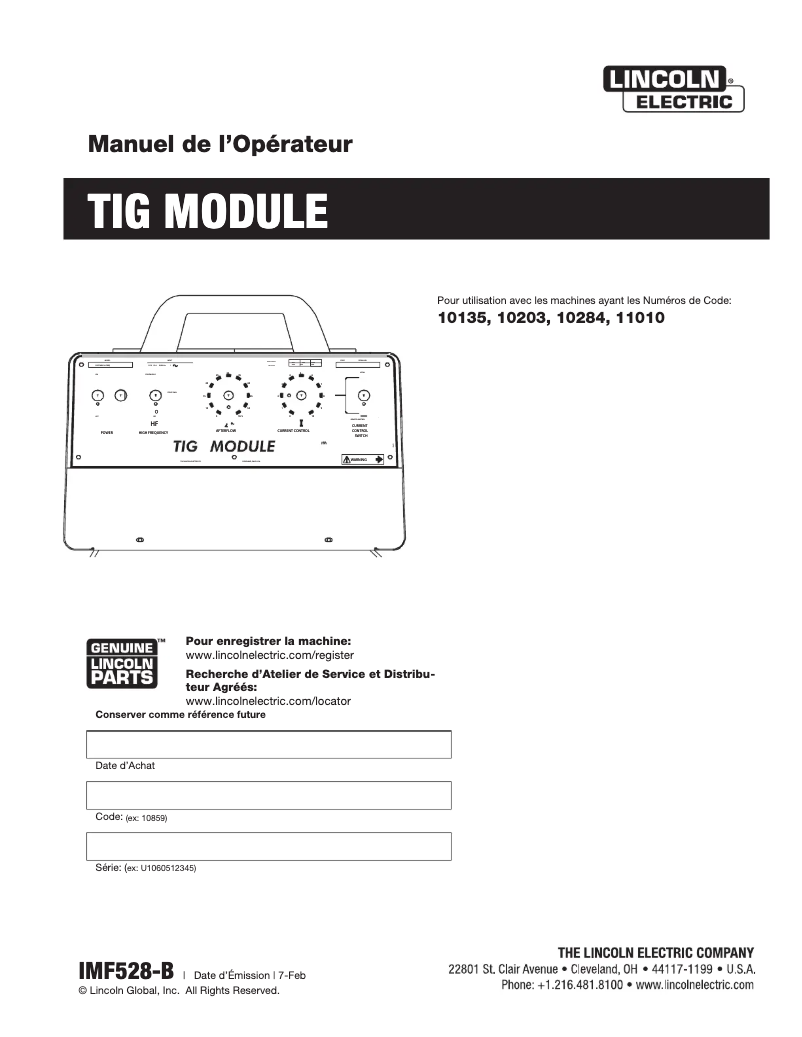 Page 1 de la notice Manuel utilisateur Lincoln Electric TIG Module