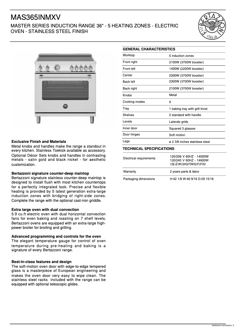 Page 1 de la notice Fiche technique Bertazzoni MAS365INMXV