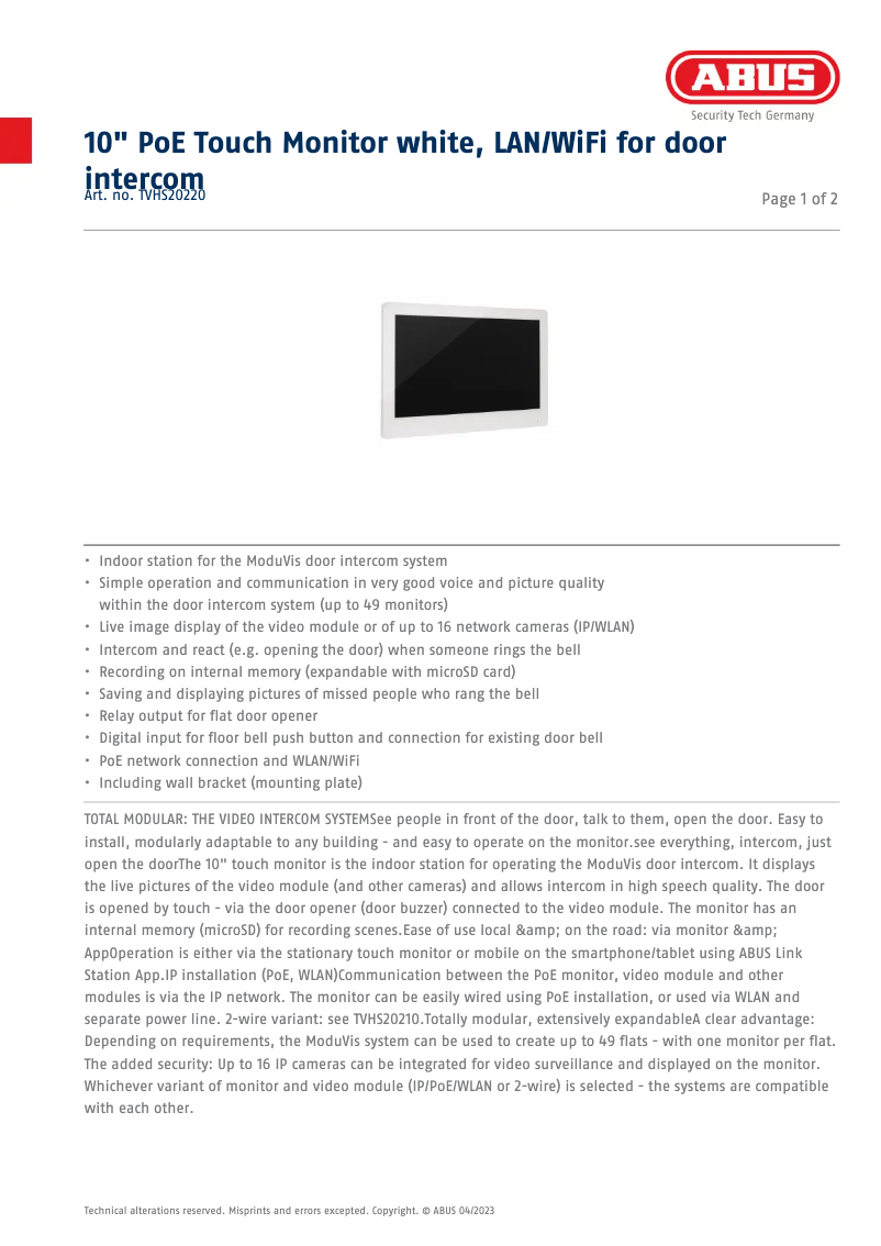 Page 1 de la notice Fiche technique Abus TVHS20220