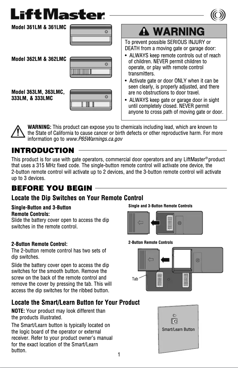 Page n°1 - Manuel utilisateur LiftMaster 363LMC