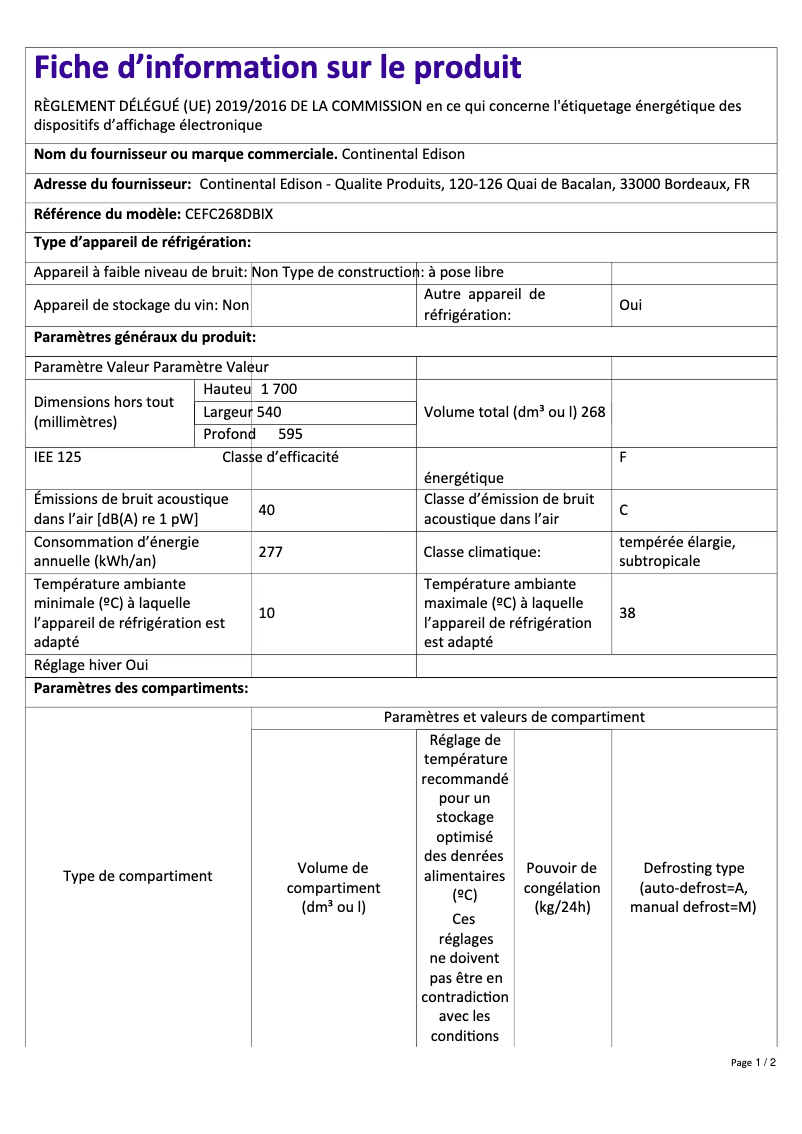 Page n°1 - Label énergétique Continental Edison CEFC268DBIX