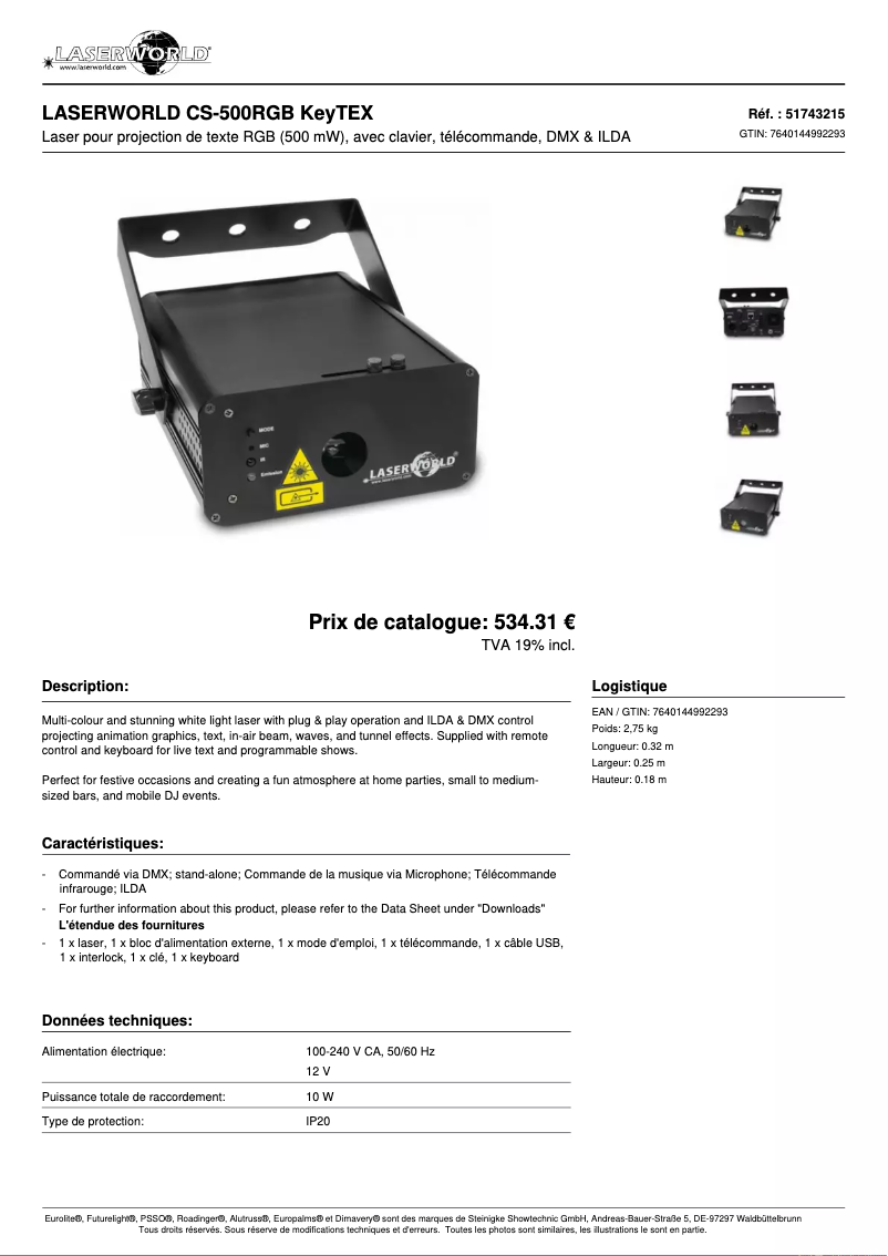 Page n°1 - Fiche technique Laserworld CS-500RGB KeyTEX