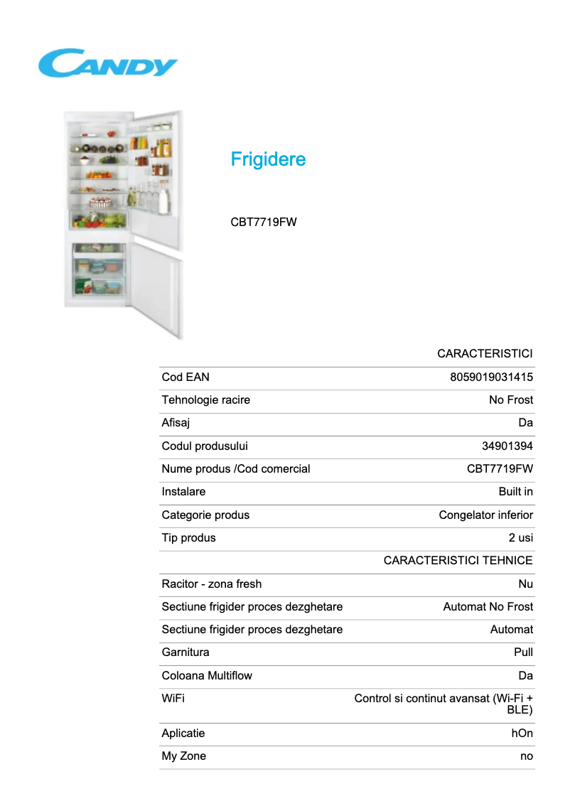 Page 1 de la notice Fiche technique Candy CBT7719FW