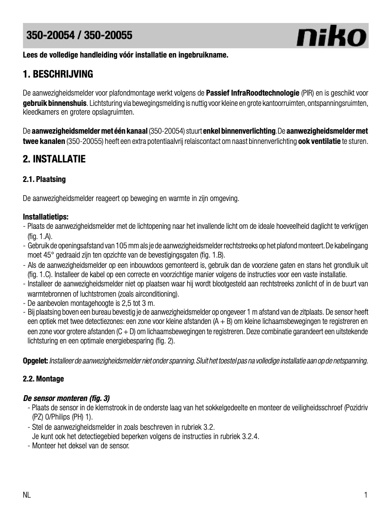 Page 1 de la notice Manuel utilisateur Niko 350-20054