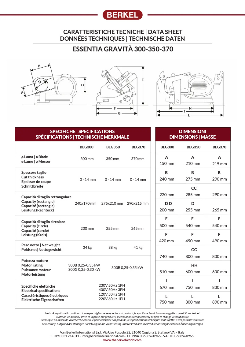 Page n°1 - Fiche technique Berkel Essentia Gravitá BEG350