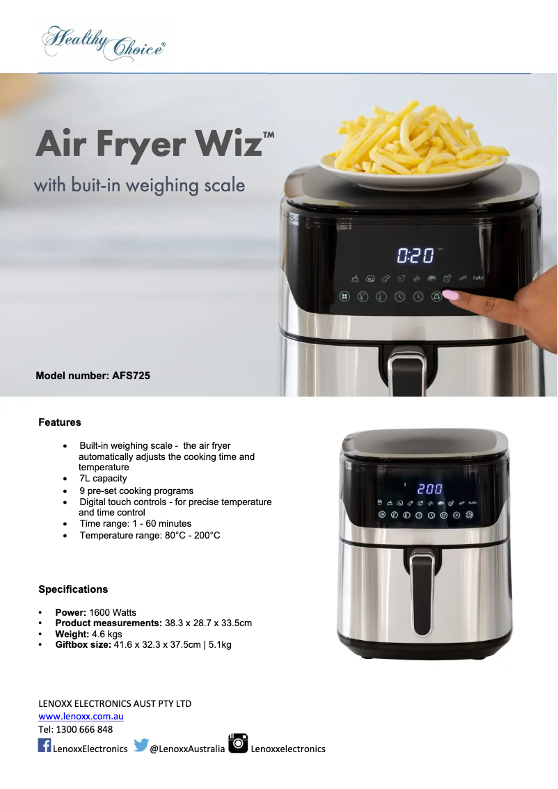 Page 1 de la notice Fiche technique Lenoxx Healthy Choice AFS725