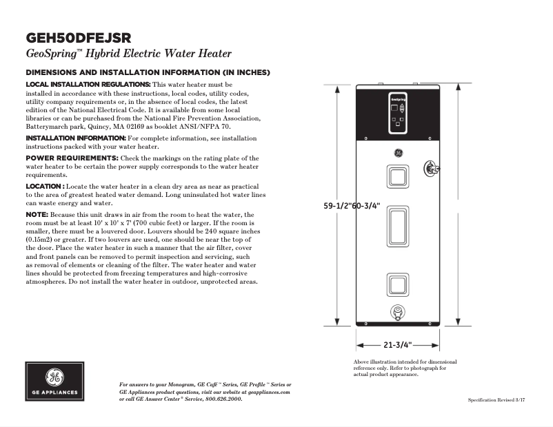 Page 1 of the manual Technical Sheet GE GeoSpring H50DFEJSR