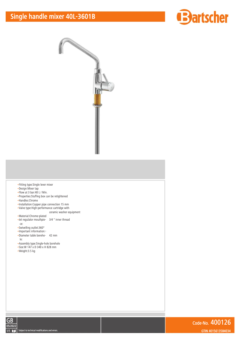 Page 1 de la notice Fiche technique Bartscher 40L-3601B