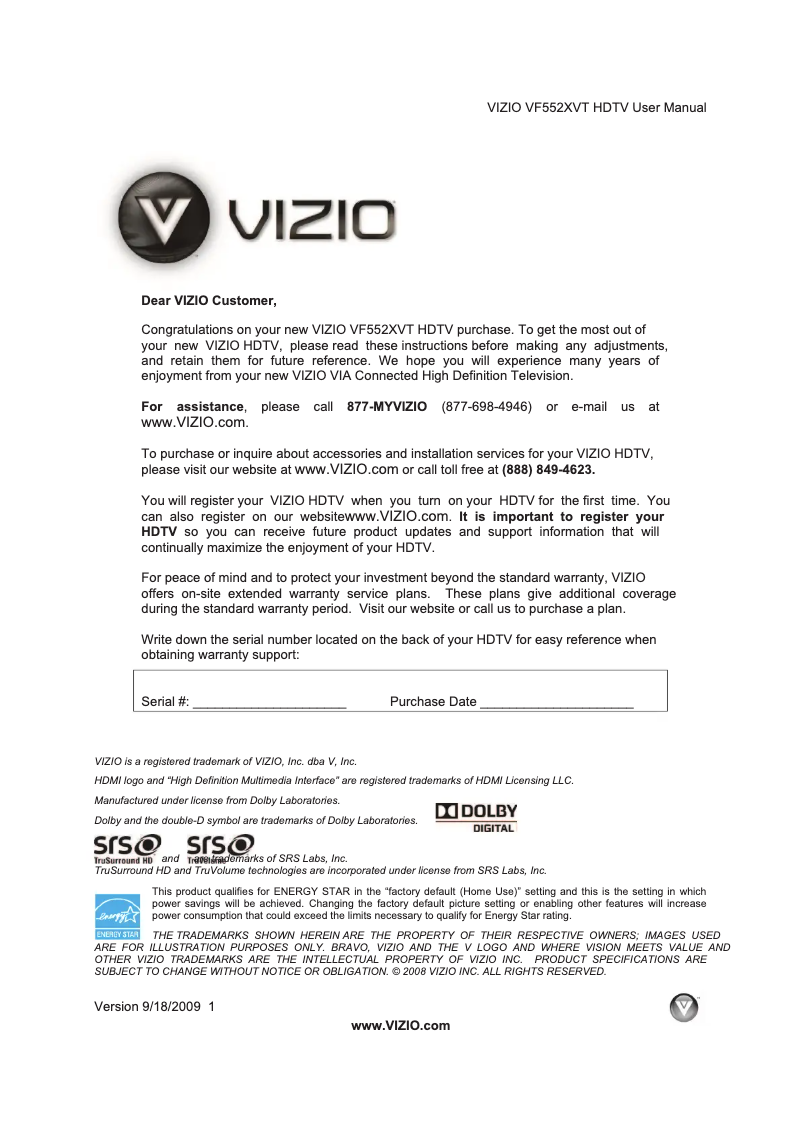 Page 1 de la notice Manuel utilisateur VIZIO VF552XVT