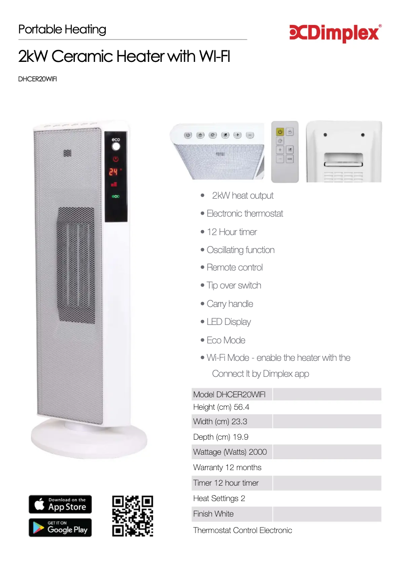 Page 1 de la notice Fiche technique Dimplex DHCER20WIFI