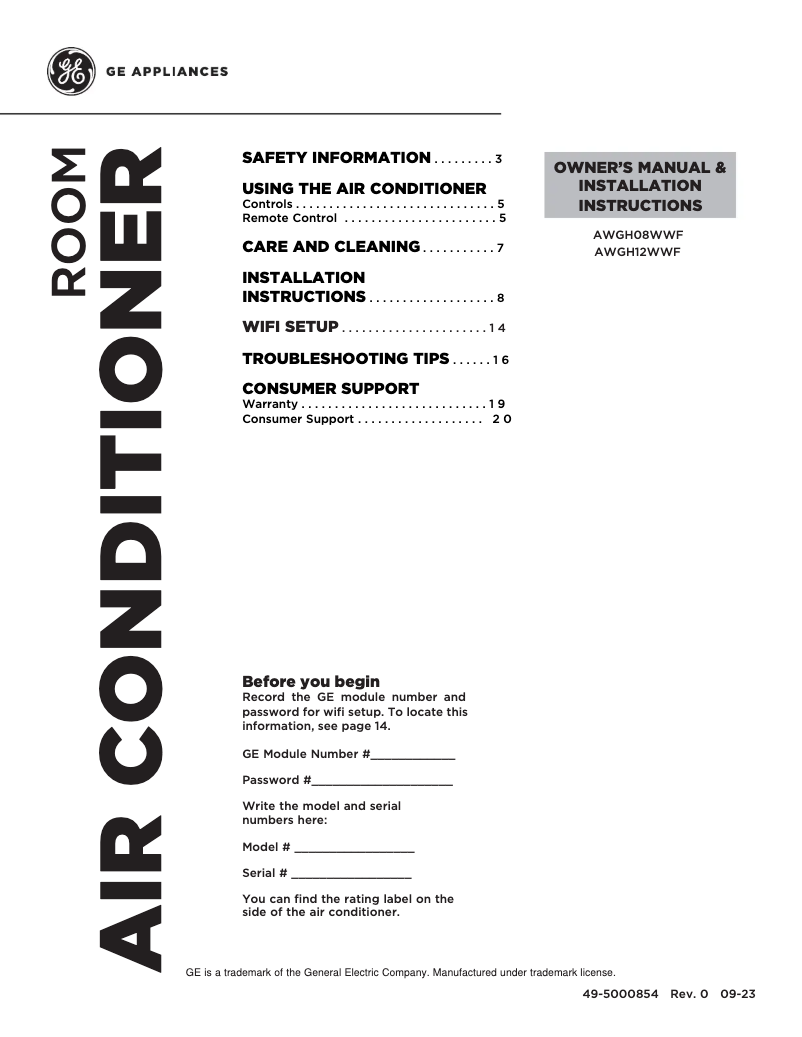 Page n°1 - Guide d'installation GE AWGH08WWF