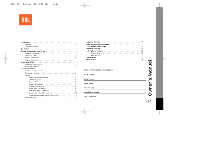 Page n°1 - Manuel utilisateur JBL GTQ190