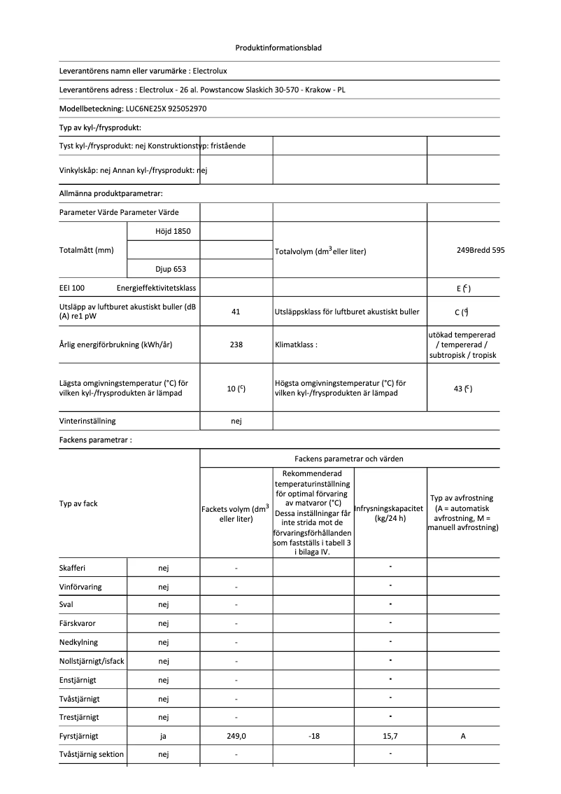 Page 1 de la notice Fiche technique Electrolux LUC6NE25X