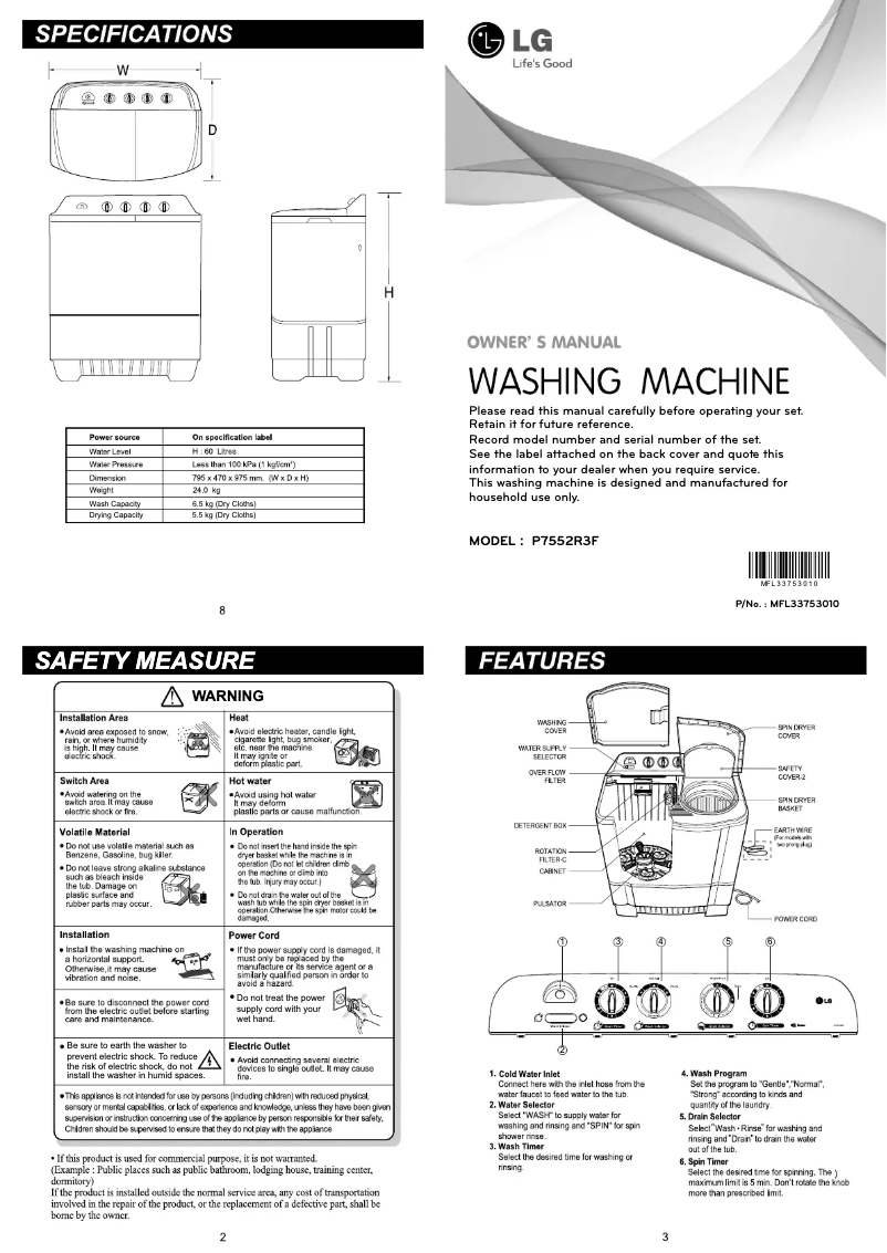 Page n°1 - Manuel utilisateur LG P7552R3F