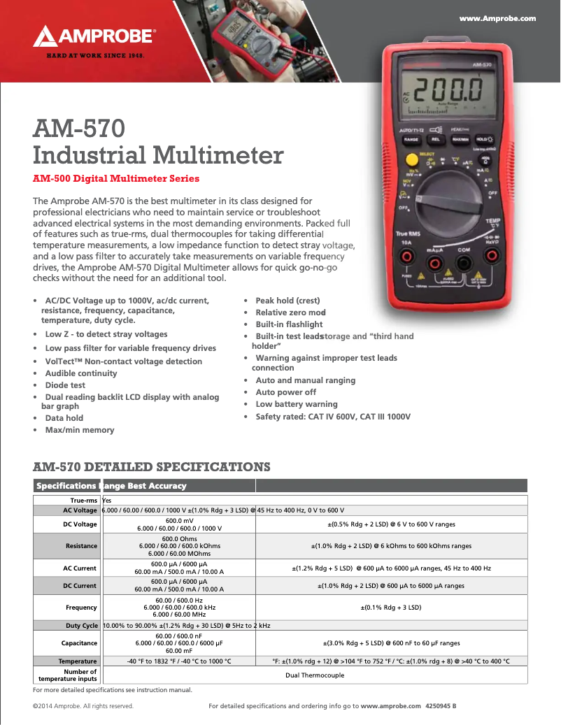Page 1 de la notice Fiche technique Amprobe AM-570