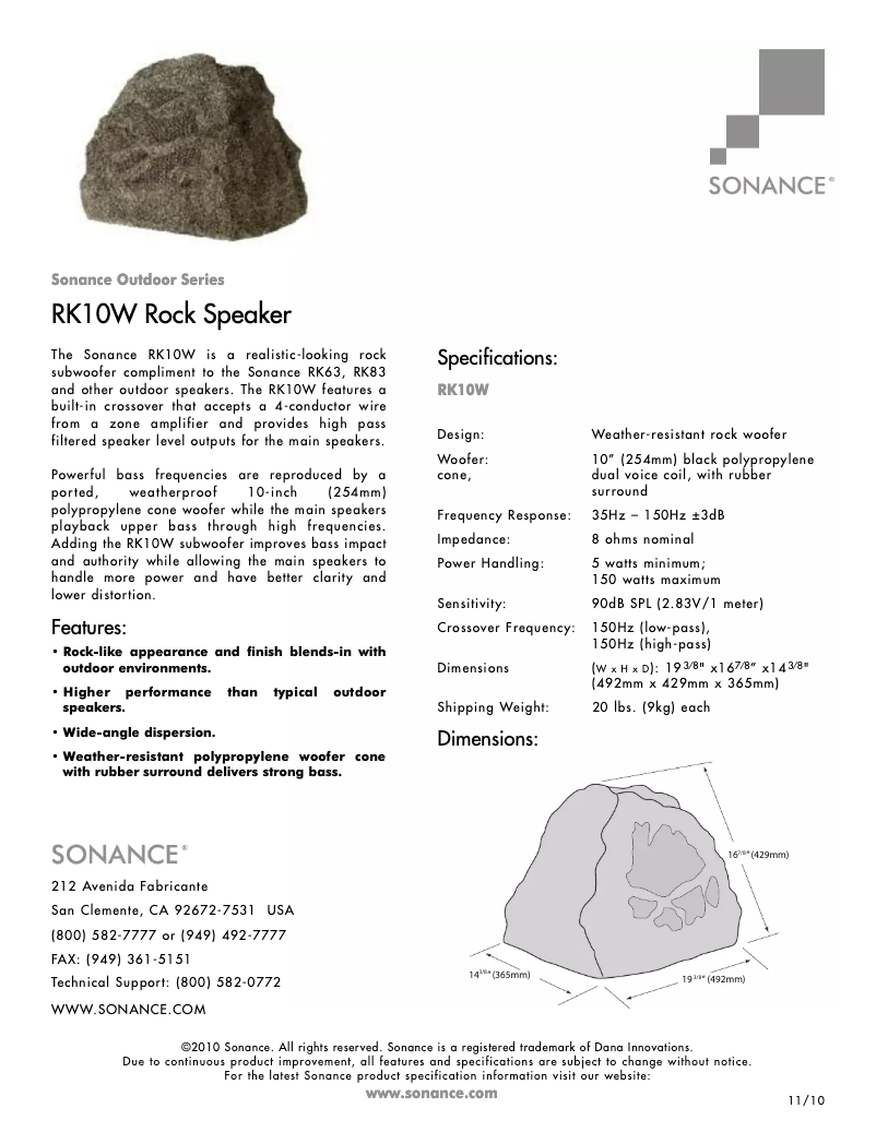 Page n°1 - Fiche technique Sonance Rock K10W