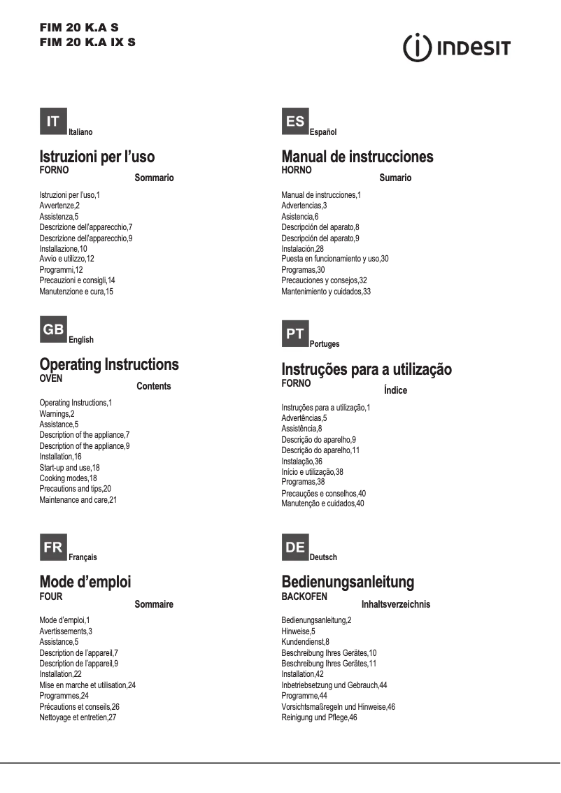 Page n°1 - Manuel utilisateur Indesit FIM 20 K.A IX S