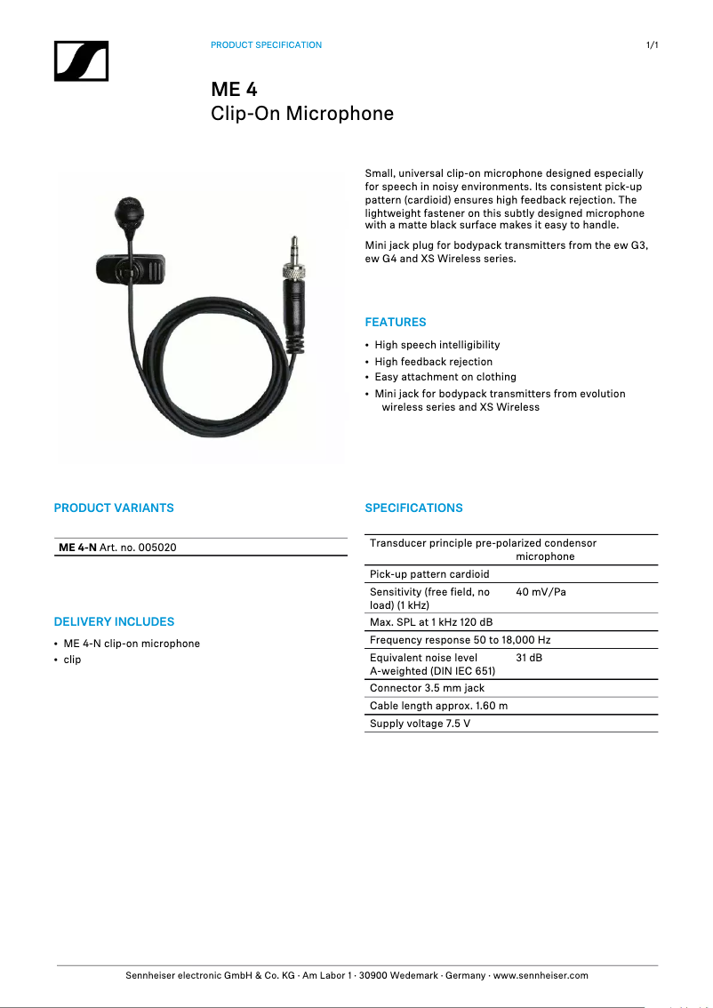 Page 1 de la notice Fiche technique Sennheiser ME 4