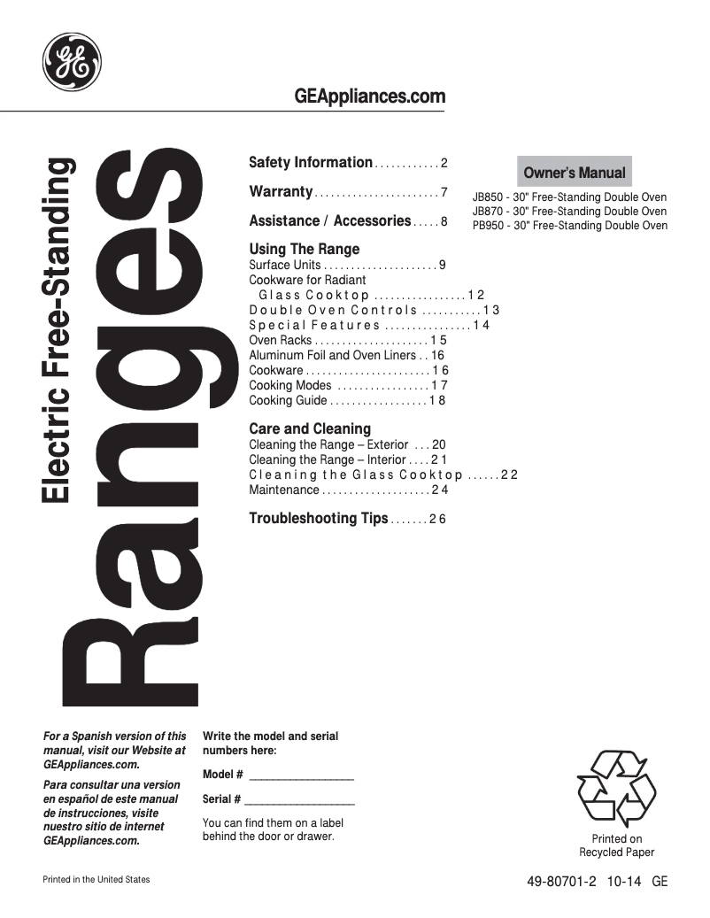 Page n°1 - Manuel d'utilisation et d'entretien GE Profile PB950SFSS