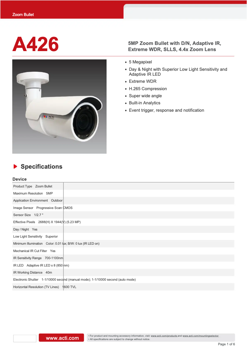 Page 1 de la notice Fiche technique ACTi A426