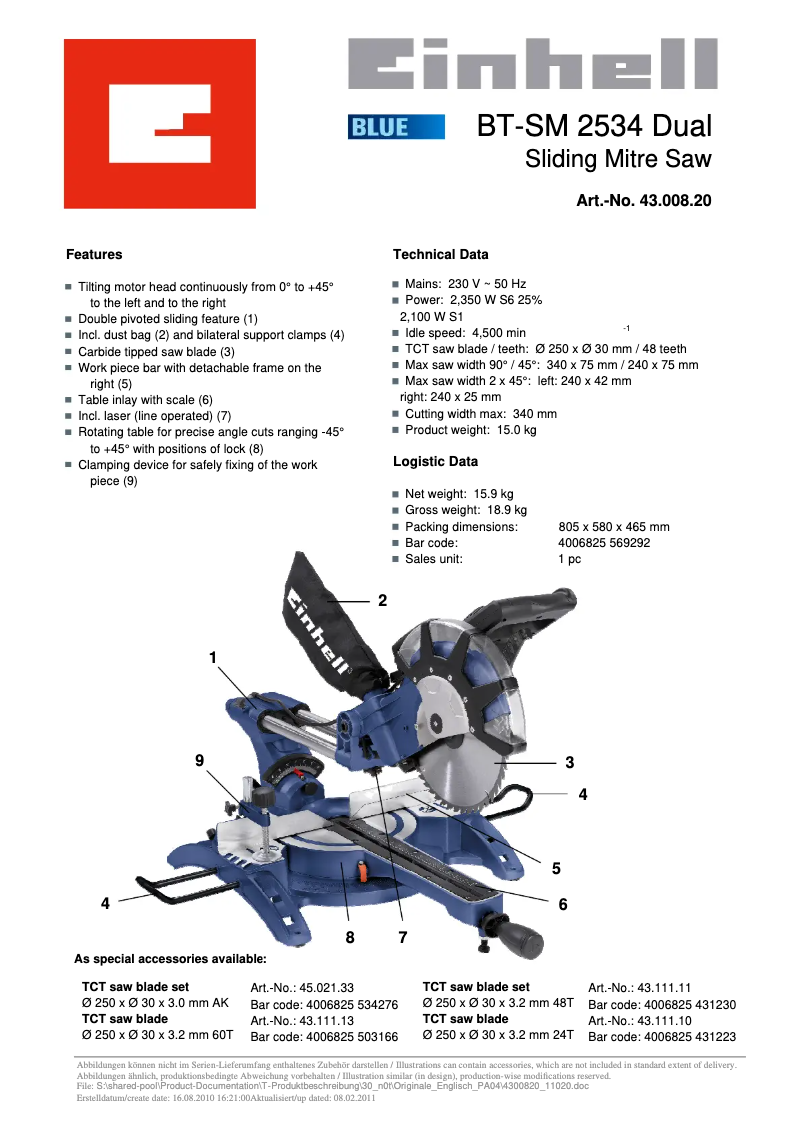 Page n°1 - Fiche technique Einhell BT-SM 2534 Dual