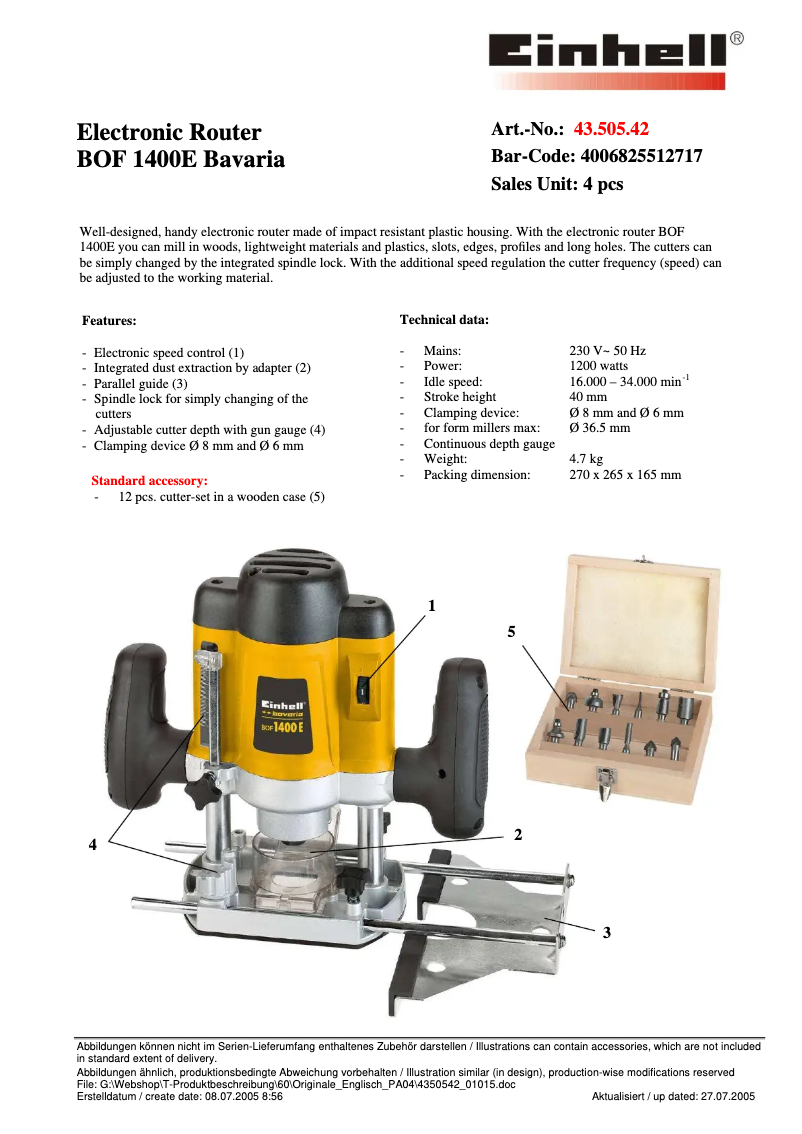 Page 1 de la notice Manuel utilisateur Bavaria by Einhell BOF 1400 E