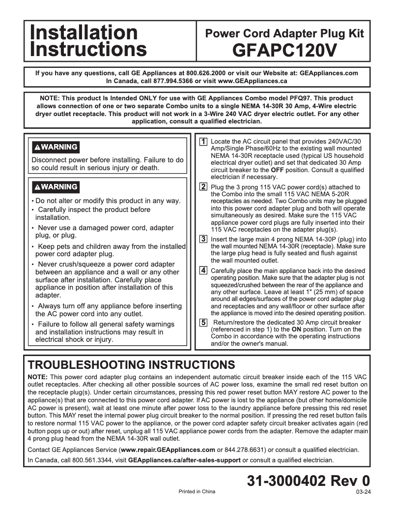 Page n°1 - Manuel utilisateur GE GFAPC120V