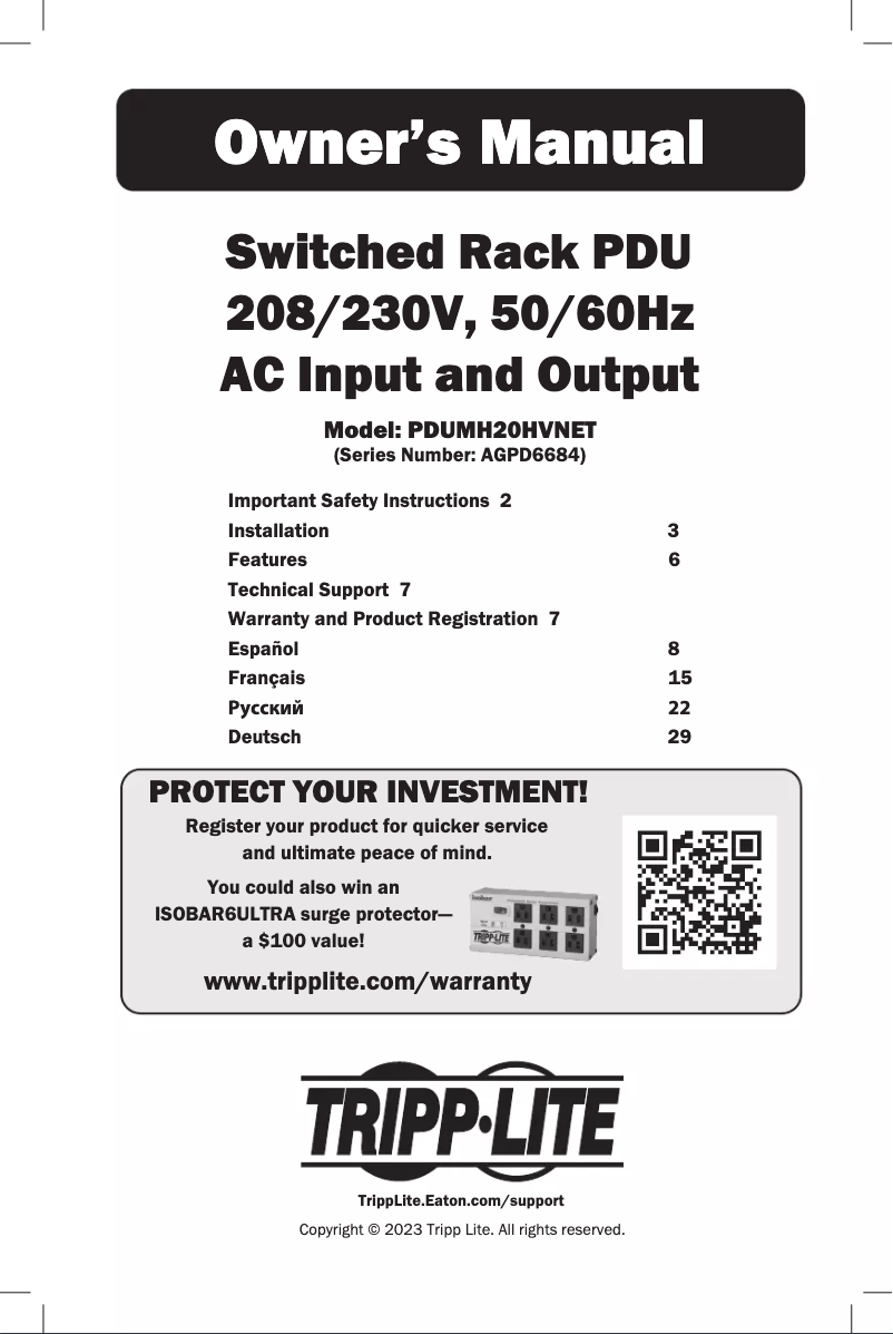 Page n°1 - Manuel utilisateur Tripp Lite PDUMH20HVNET