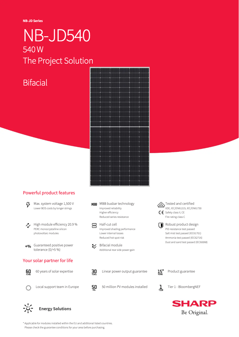 Page 1 de la notice Fiche technique Sharp NBJD540