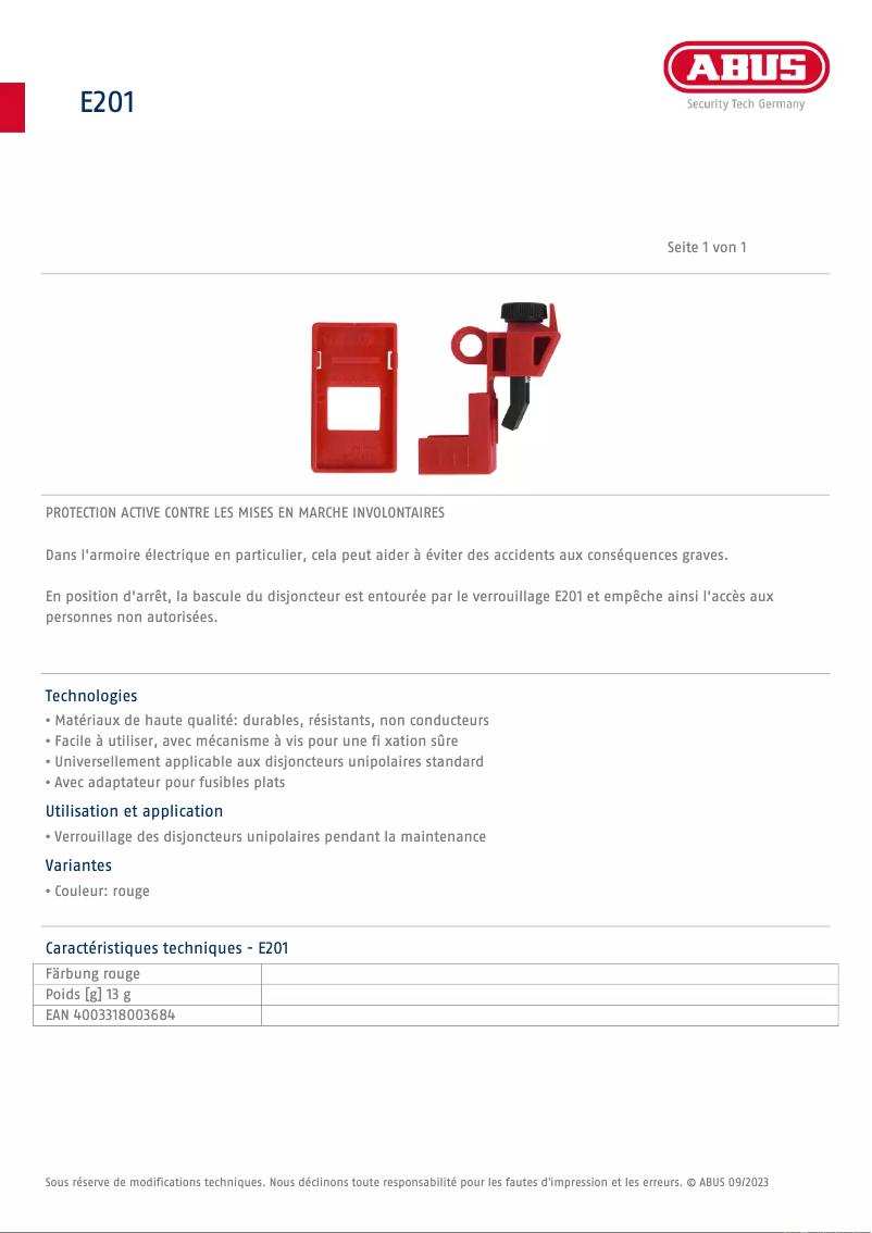 Page 1 de la notice Fiche technique Abus E201