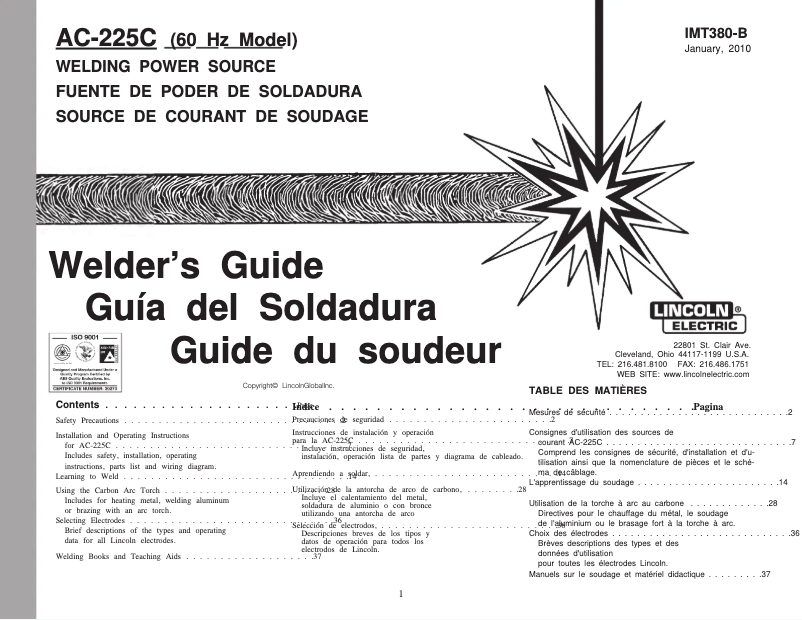 Page 1 de la notice Manuel utilisateur Lincoln Electric AC-225C