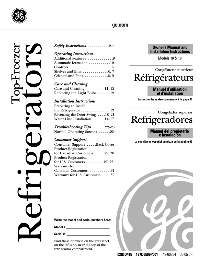 Page 1 de la notice Manuel d'utilisation et d'entretien GE GTS18TBSWW