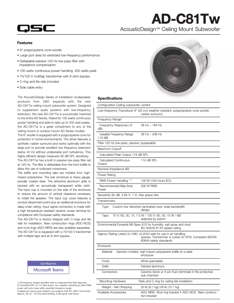 Page 1 de la notice Fiche technique QSC AD-C81Tw