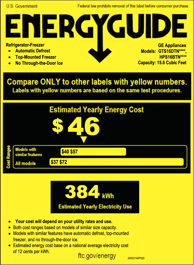 Page 1 de la notice Label énergétique GE GTS16DTNRWW