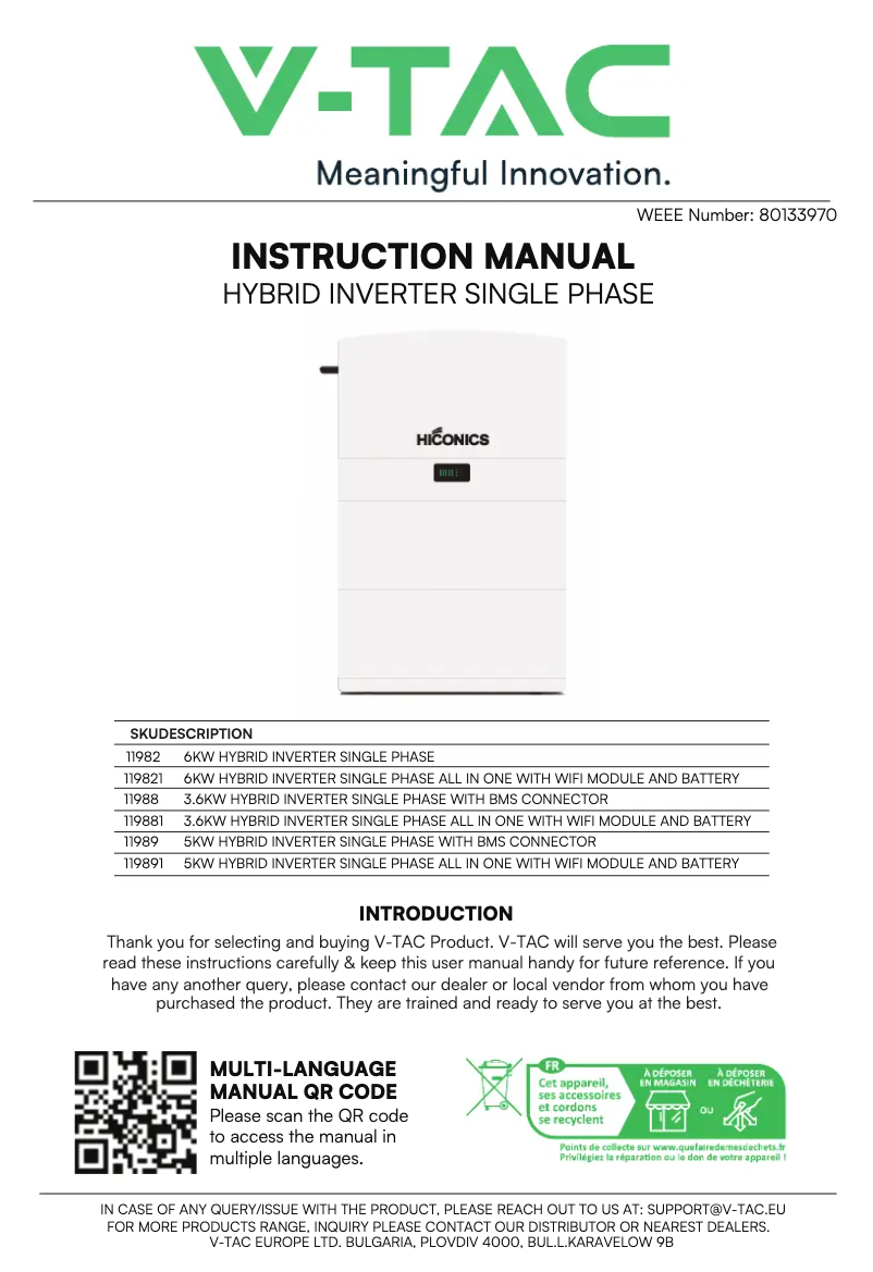 Page 1 de la notice Manuel utilisateur V-TAC HEC2-S6.0Hr2