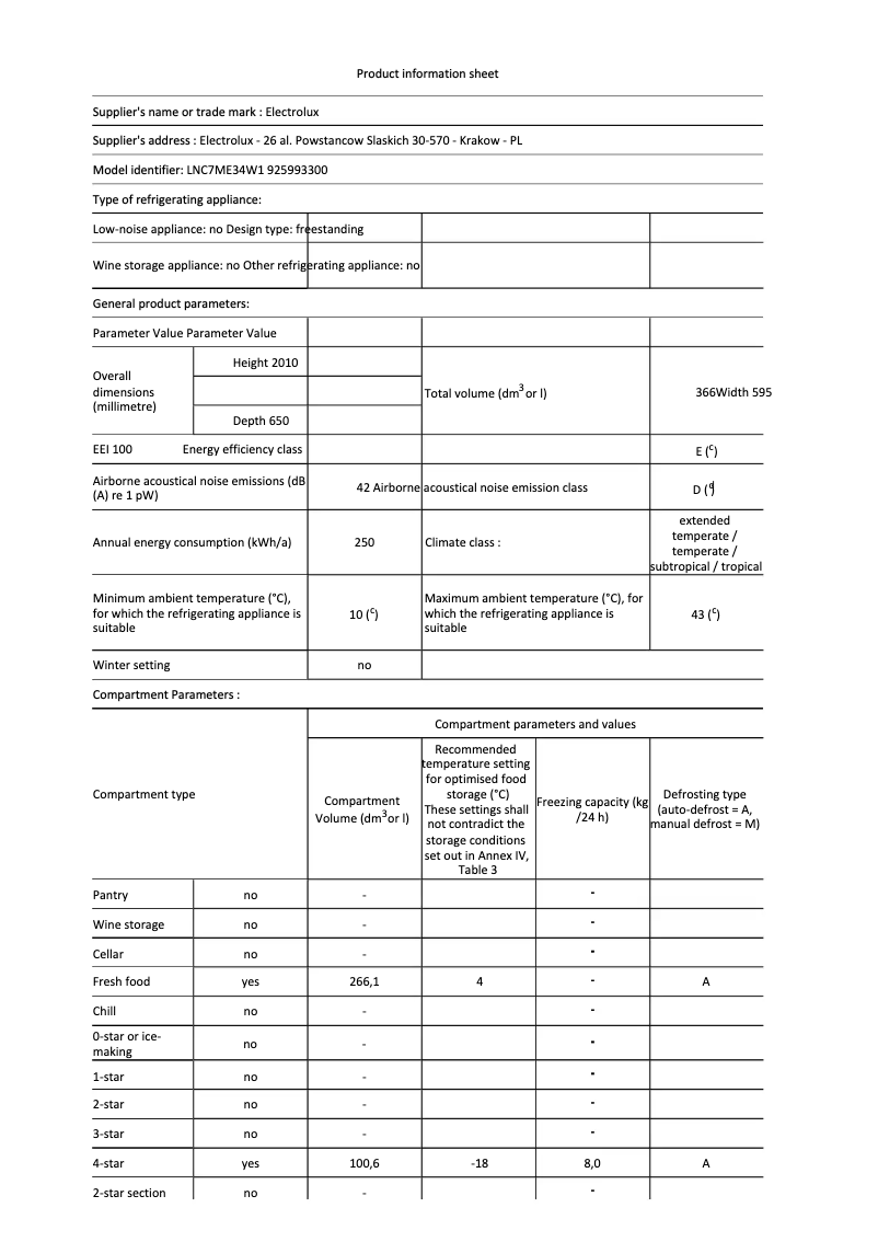 Page 1 de la notice Fiche technique Electrolux LNC7ME34W1