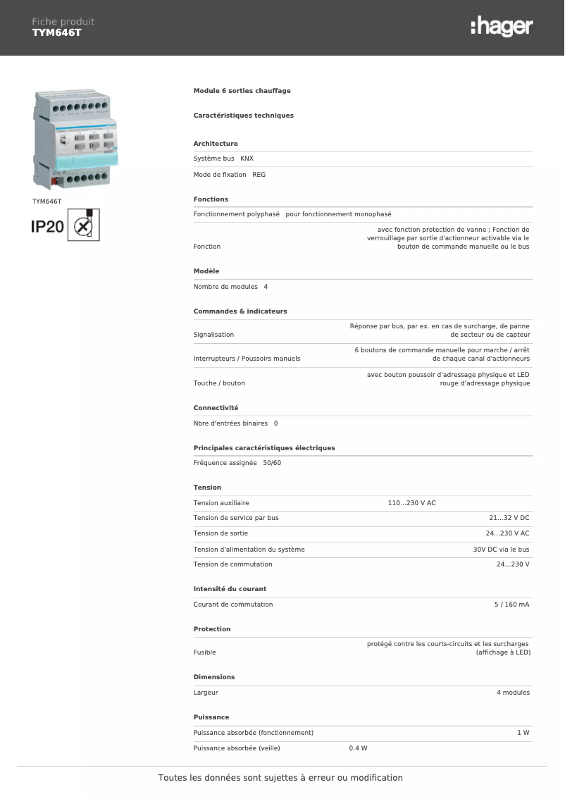 Page 1 de la notice Fiche technique Hager TYM646T