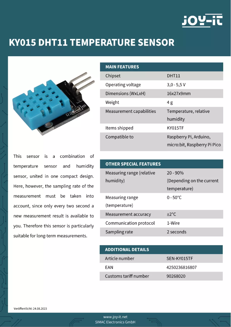 Page 1 de la notice Fiche technique Joy-It SEN-KY015TF
